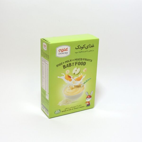 DACB4C14-0499-4152-BBFD-BBD8CA2AED0F-scaled-1.jpeg غذای کودک برنجین با شیر و میوه مخلوط- 250 گرم - تصویر 1